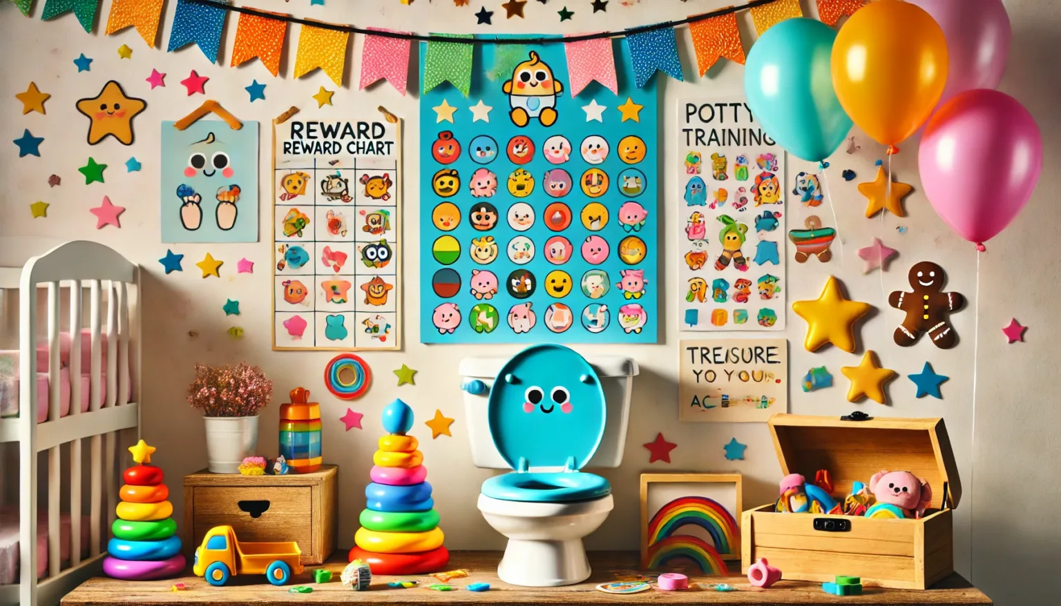 DALL%C2%B7E 2024 11 28 10.59.08 A vibrant kid friendly scene showcasing a colorful potty training reward chart on a wall surrounded by various small toys stickers balloons and a