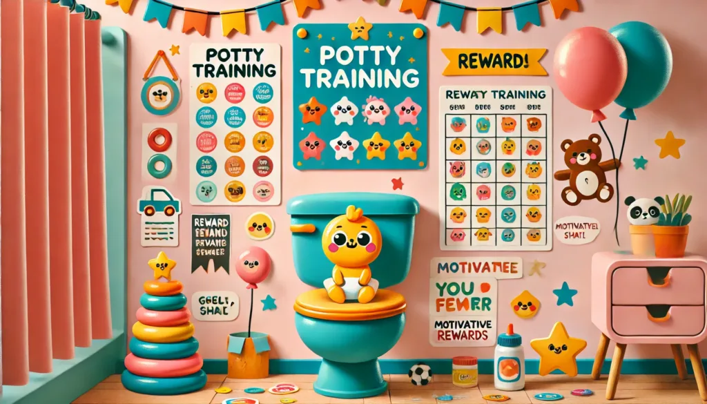 DALL%C2%B7E 2024 11 28 11.00.30 A colorful and engaging potty training scene designed for children. The image includes a child sized potty a reward chart with stickers and various