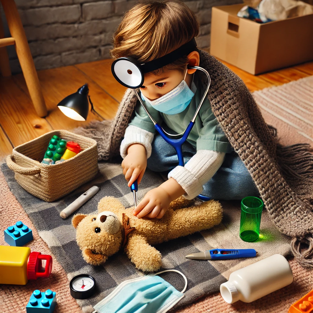 DALL·E 2024 11 21 16.12.03 A toddler playing doctor with a makeshift medical kit using household items like a medicine syringe flashlight scarf as a stethoscope and a spoon a