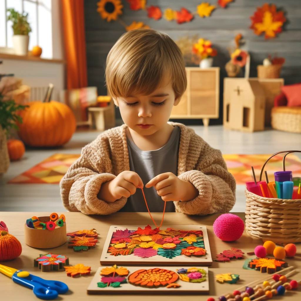 Child using lacing cards to improve fine motor coordination during a fall-themed activity