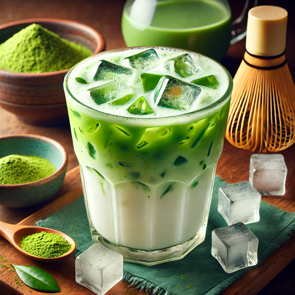 A vibrant and aesthetic iced matcha latte served in a tall glass, topped with a sprinkle of matcha powder. Perfect for refreshing summer vibes or capturing a trendy drink moment