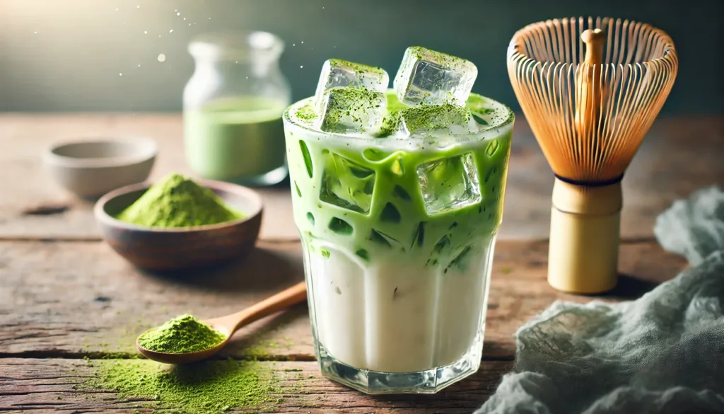 A vibrant and aesthetic iced matcha latte served in a tall glass topped with a sprinkle of matcha powder. Perfect for refreshing summer vibes or capturing a trendy drink moment2