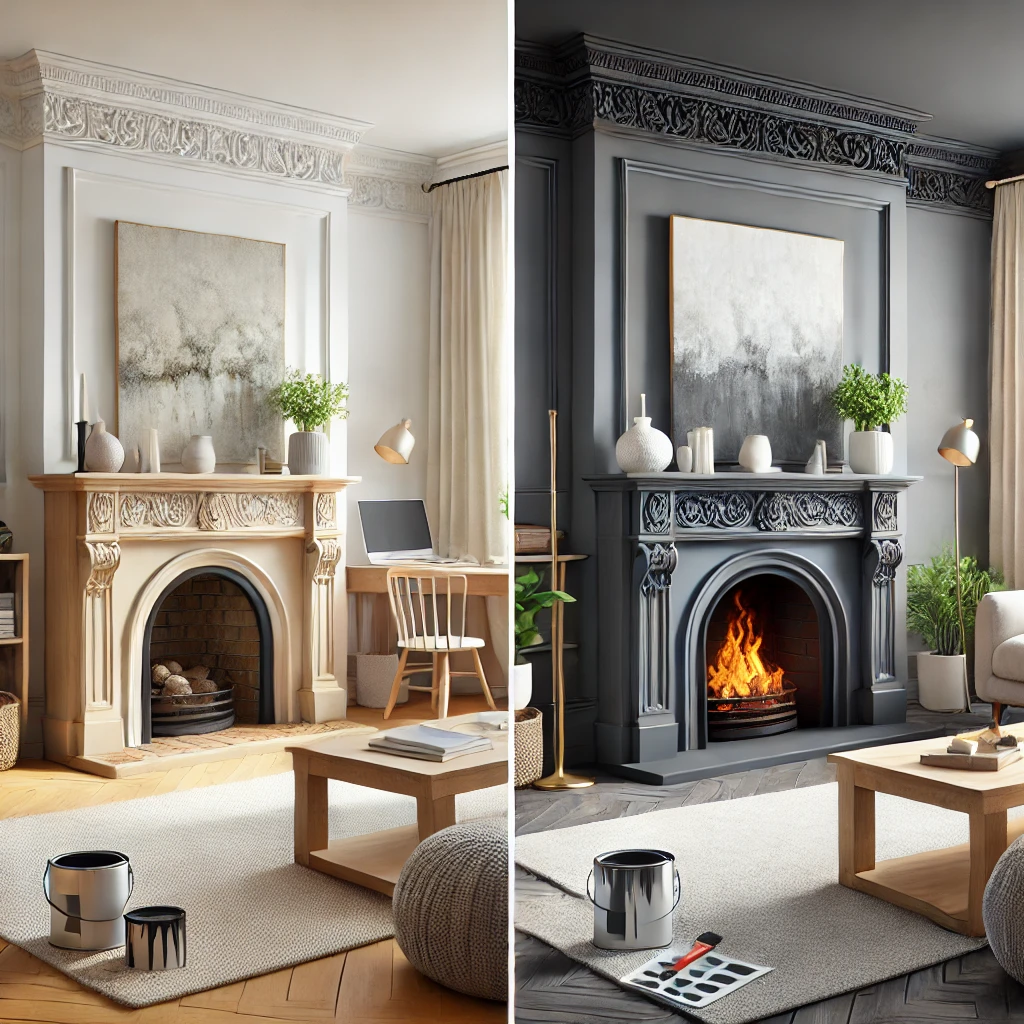 A cozy living room showcasing a dramatic fireplace transformation. The 'before' view features a plain, neutral fireplace, while the 'after' highlights a bold painted design that elevates the space. Perfect inspiration for a DIY fireplace makeover.